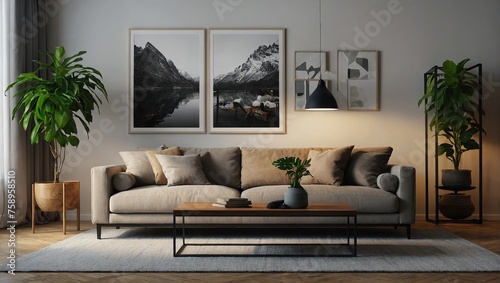 nterior of modern living room with comfortable sofa, lamp, empty frames and houseplant