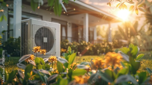 Modern energy efficient air conditioning, energy saving solution in the backyard. Generative AI. © visoot