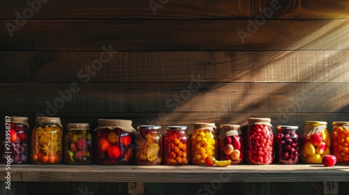 A row of glass jars filled with an assortment of canned fruits, showcasing the colorful variety of preserved produce photo
