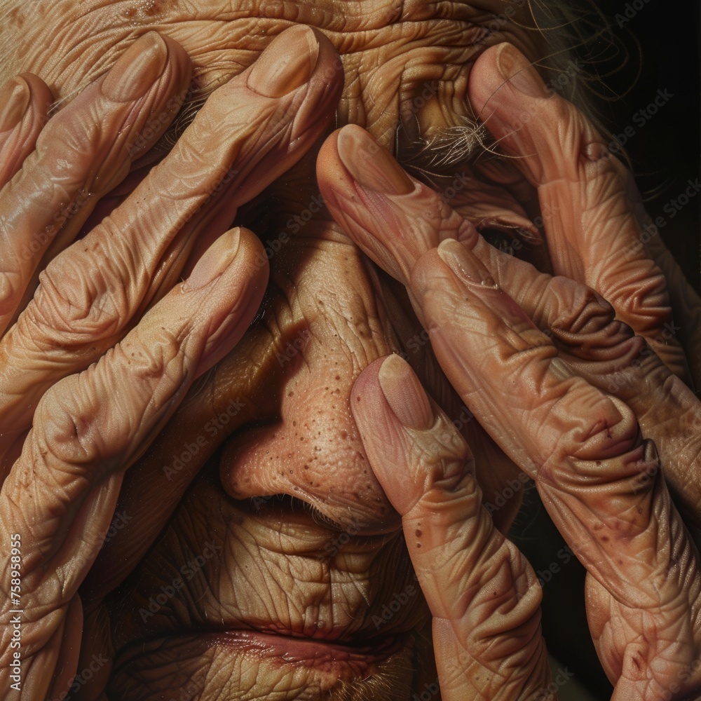 The image of the hand of the old woman pinches the eyes with her fingers, showing the texture and details of the skin. This close-up display highlights wrinkles near closed and open eyes, highlighting The image of the hand of the old woman pinches the eyes with her fingers, showing the texture and details of the skin. This close-up display highlights wrinkles near closed and open eyes, highlighting