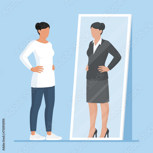 Woman looking at the mirror and seeing herself as a successful businesswoman