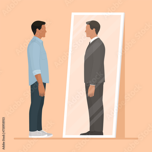 Man looking at the mirror and seeing himself as a successful businessman