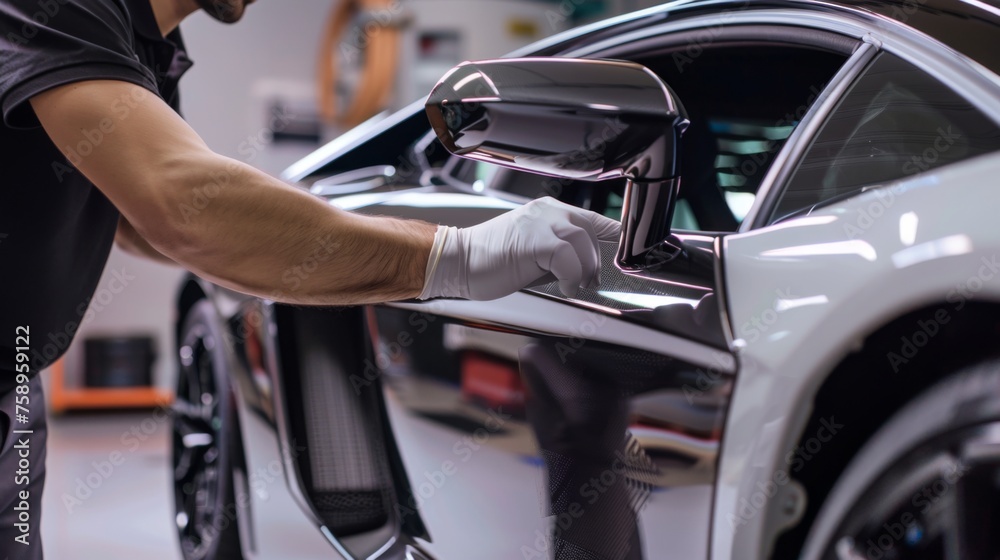 Technician using squeegee to smooth protective film on door panel of luxury sports car