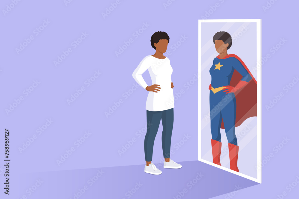 Confident woman looking at a mirror and seeing herself as a superhero Confident woman looking at a mirror and seeing herself as a superhero