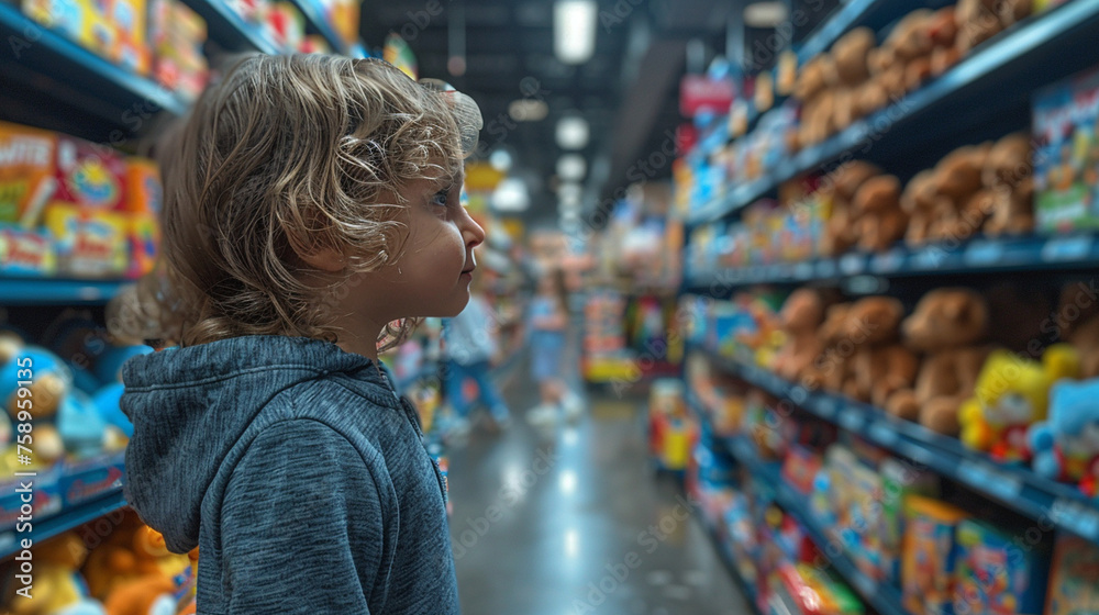 Imagine a lively toy store bustling with activity, shelves lined with rows of plush animals, action figures, and board games, while children eagerly explore the aisles, their faces