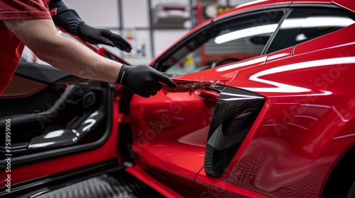 Technician using squeegee to smooth protective film on door panel of luxury sports car
