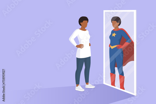 Confident woman looking at a mirror and seeing herself as a superhero