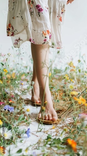 A woman standing amidst a field of colorful flowers, with her foot stepping on some blooms, creating a beautiful scene The concept of well-groomed silky foot skin.