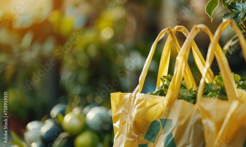 Biodegradable plastic bags, each with a universal recycling symbol photo