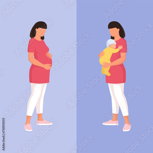 Woman before and after giving birth