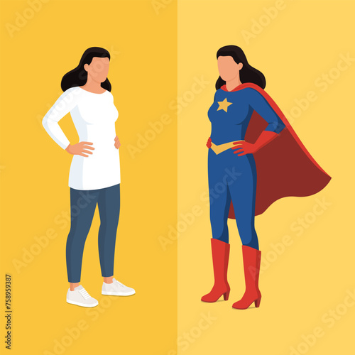 Woman with casual clothes and with superhero costume