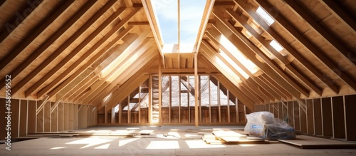 New attic construction with unfinished wooden roof structure.