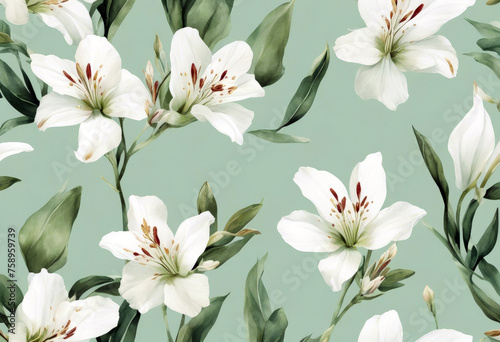 seamless pattern White clipping pale green watercolor background path alstroemeria Flower Wedding Nature Art Easter Illustration Spring Light Floral Star Garden Blue Plant