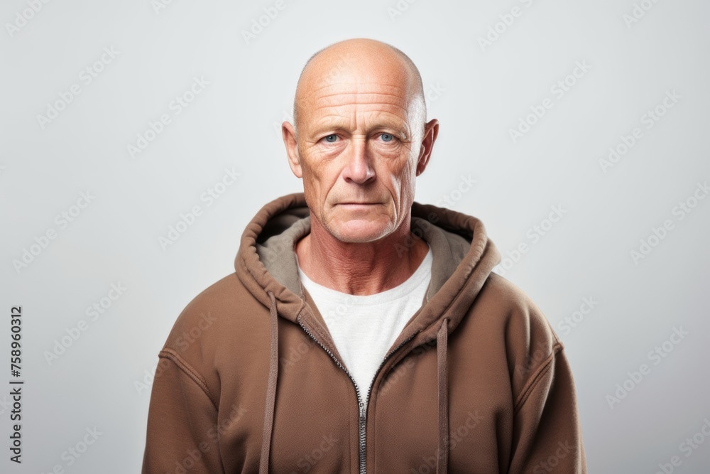 Portrait of an old man in a brown hoodie on a gray background
