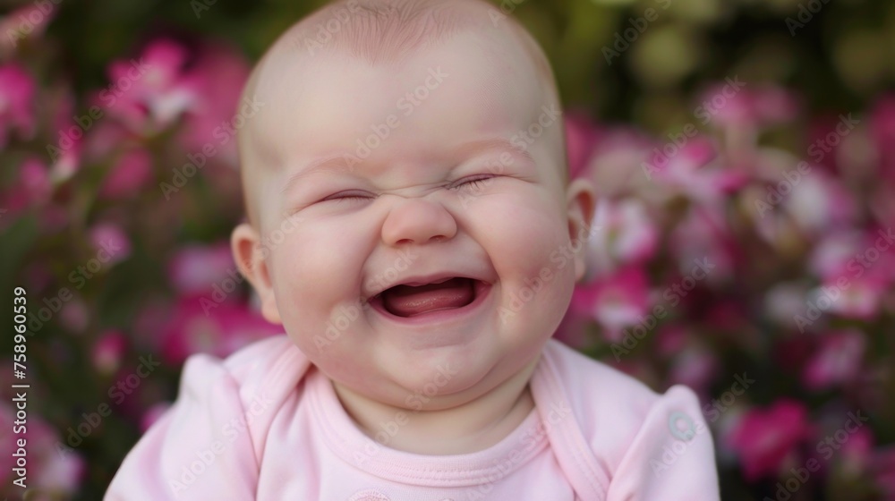 A baby joyfully laughing while surrounded by pink flowers in a garden