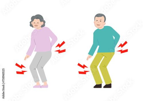 腰痛と膝痛に悩む高齢者の男女セットのベクターイラスト