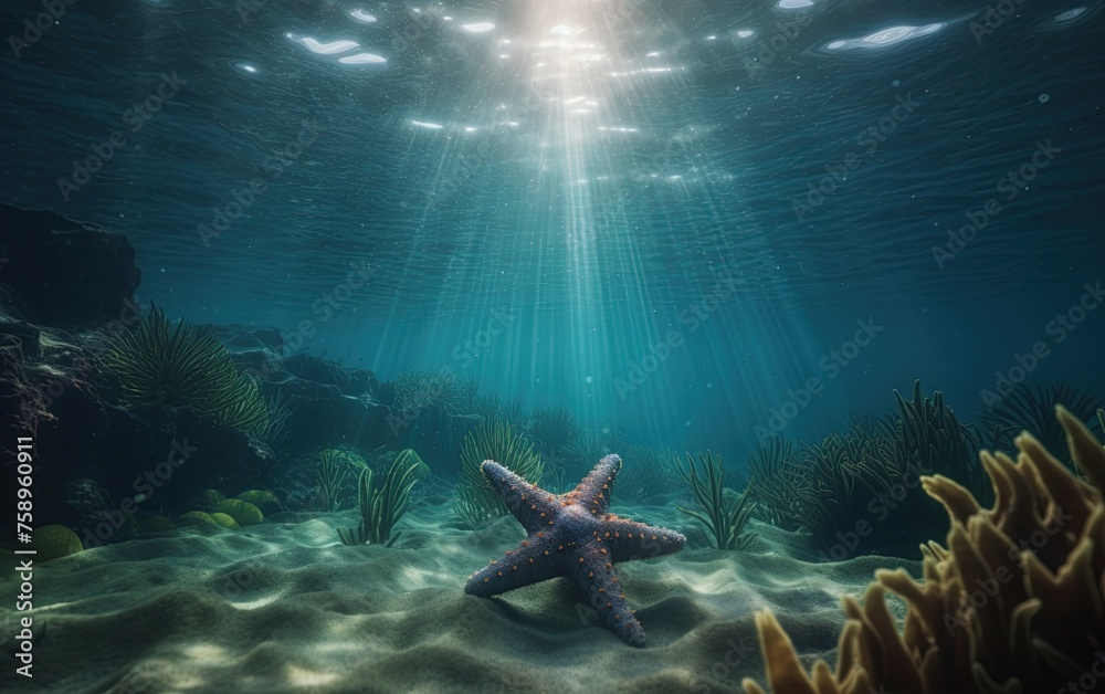 Fototapeta premium Starfish at the bottom of the ocean. Marine life. Ai Generative