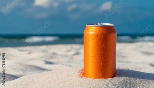 Orange aluminum can with condensation drops on clear white sand at beach. Drink package. Refreshing beverage.