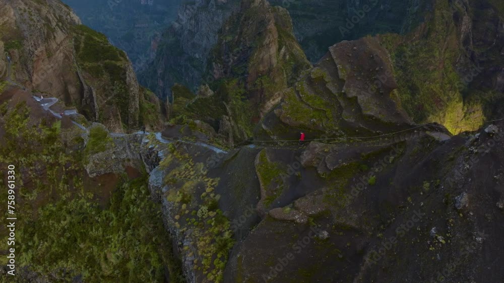 Aerial drone view of PR1 hike, stairway to heaven pathway, near Pico de Areeiro, Madeira Island, Portugal Aerial drone view of PR1 hike, stairway to heaven pathway, near Pico de Areeiro, Madeira Island, Portugal