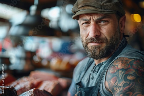 Confident tattooed male worker with an intense stare in a butcher shop photo