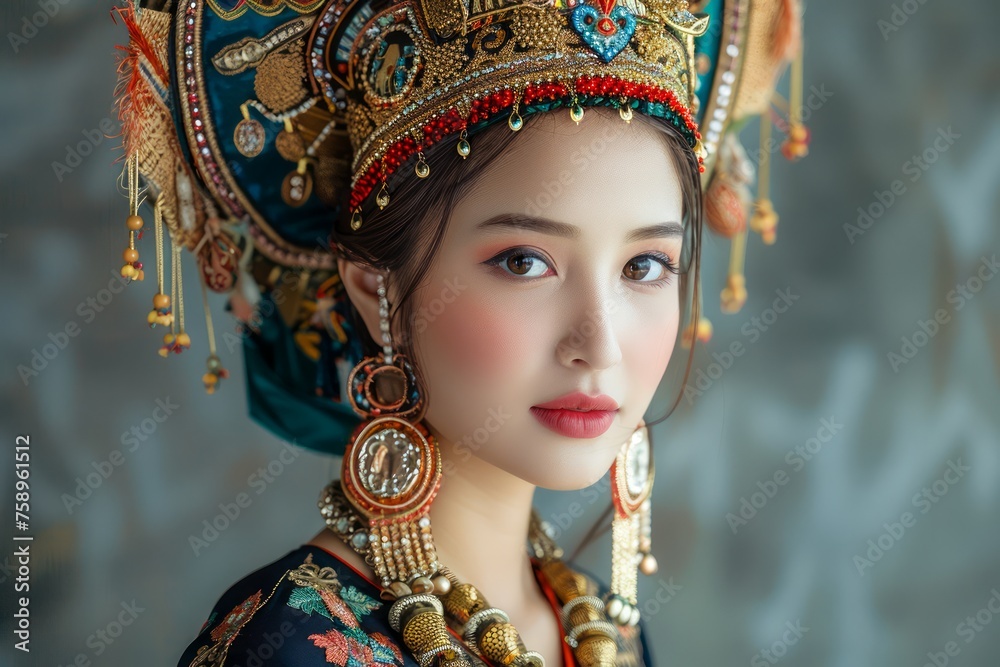 Elegant Young Woman in Traditional Asian Attire with Embroidered Headpiece and Jewelry