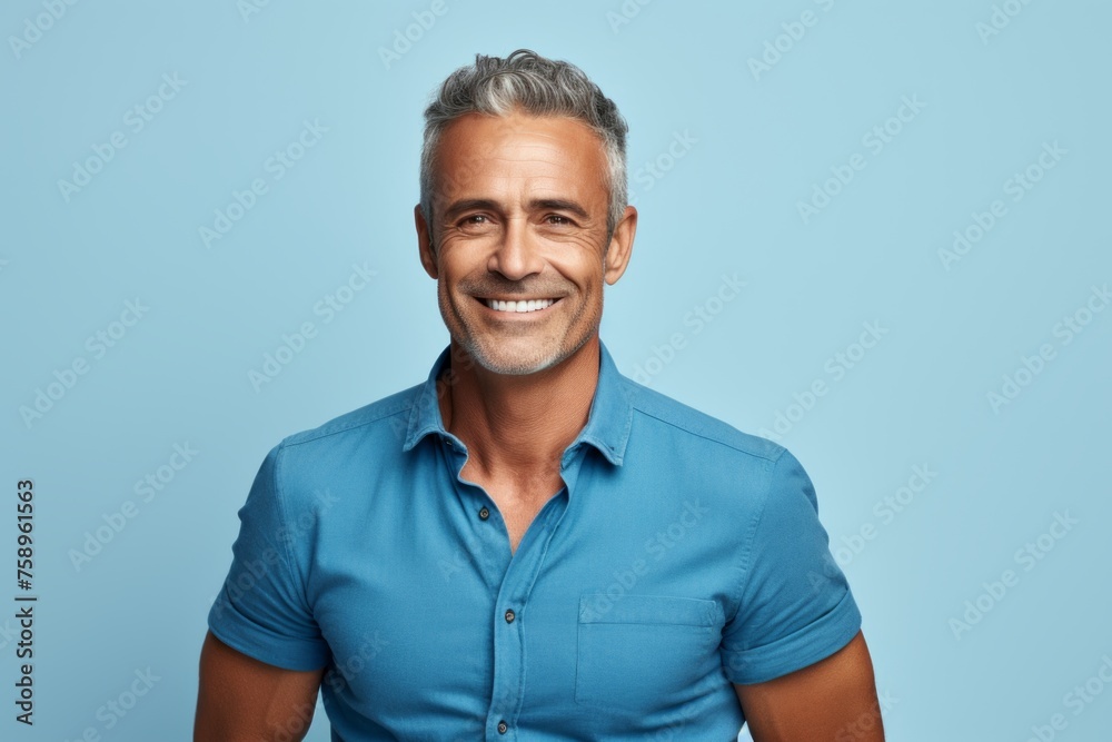 Handsome mature man in casual clothes smiling and looking at camera while standing against blue background Handsome mature man in casual clothes smiling and looking at camera while standing against blue background