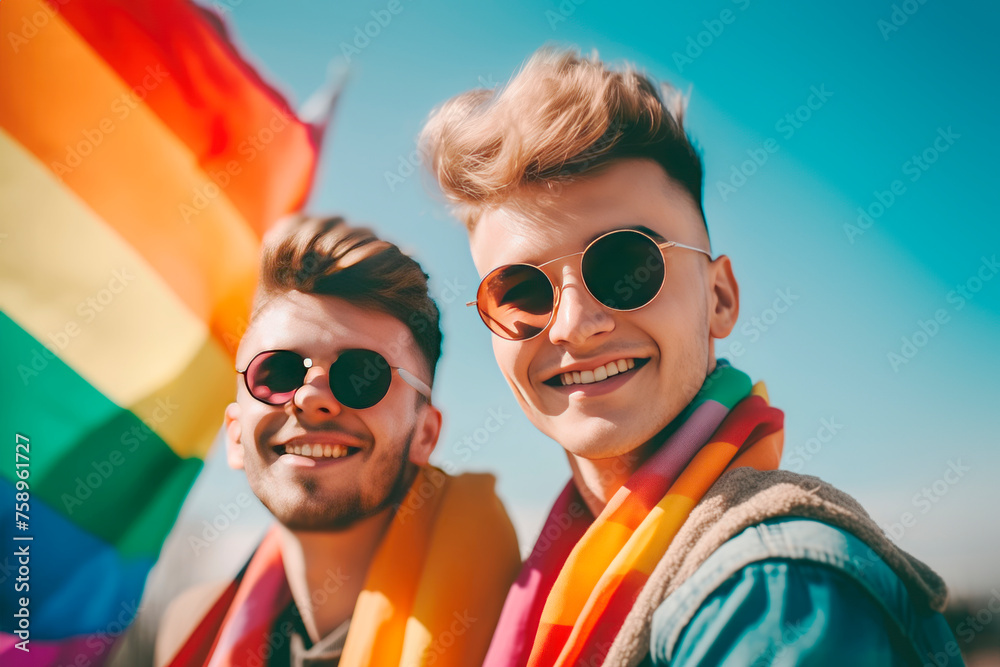 two gay guys with lgbt flag smiling against the blue sky generative AI two gay guys with lgbt flag smiling against the blue sky generative AI
