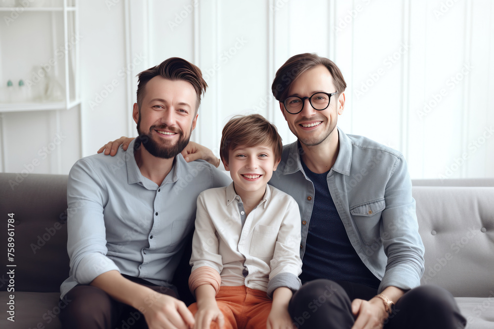 gay couple with their son sitting on a sofa at home generative AI gay couple with their son sitting on a sofa at home generative AI