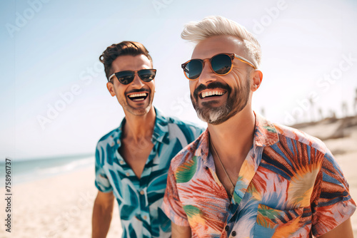 Two stylish Caucasian gay guys laugh and walk along the beach. LGBT couple generative AI © Evgenia