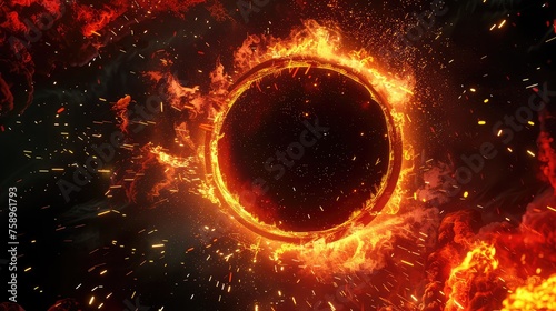 Burning Ring of Fire Simulation Against a Dark Background. Portal to another world. Transition to another universe.