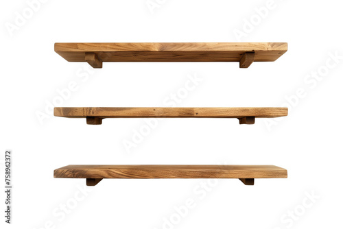 Set of three rustic wooden floating shelves with natural finish isolated on a transparent background