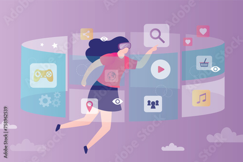 Virtual or augmented reality concept. Woman with AR glasses. Female character uses vr headset technology. Future innovations and communication. Entertainment and visual experience