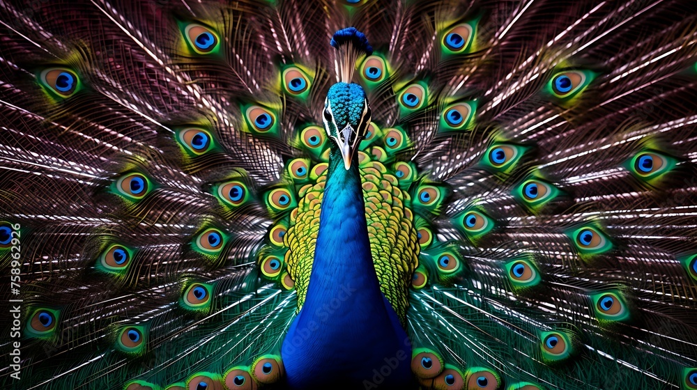 Fototapeta premium Splendor Unveiled: The Magnificent Peacock, Adorning Nature's Canvas with its Opulent Plumage, a Spectacle of Elegance and Grandeur as it Displays its Radiant Feathers in a Mesmerizing Array of Color