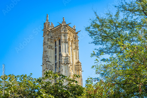 Photography Top of the Tour Saint-Jacques tower on a summer day in Paris, France