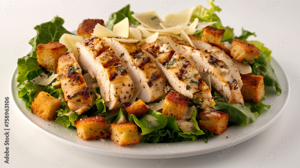 A plate with juicy strips of chicken and golden croutons on a white background, grilled chicken with vegetables