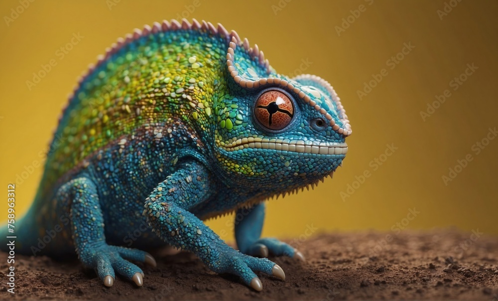 Colorful colored chameleon, lizard close up with big eye, on a solid color background, Banner with Space for Copy, panorama background
