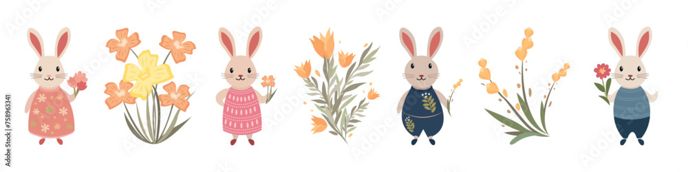 Obraz premium Set of flat children's illustrations of rabbits with plant elements 2
