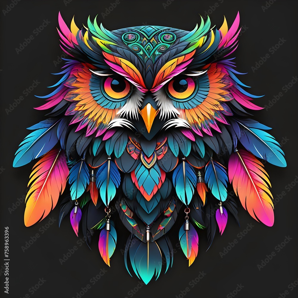 Vivid Tribal Owl Tattoo Logo: Intricate Mandala Patterns & Neon Undertones on Darkest Black Background - Elevating Minimalist Elegance Vivid Tribal Owl Tattoo Logo: Intricate Mandala Patterns & Neon Undertones on Darkest Black Background - Elevating Minimalist Elegance