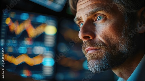 An experienced stock market trader reacts intensely to a key trade. His face reflects a mix of concentration, anticipation, and mild amazement as he watches his computer screen. Generative AI.