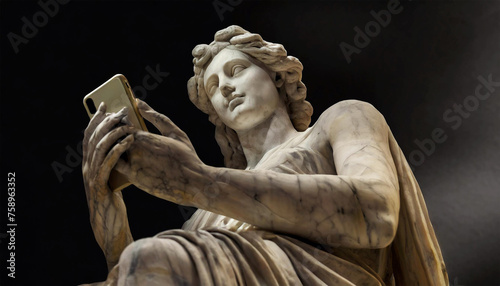 Closeup of an ancient Greek or Roman female marble statue using a smartphone, bottom view on a dark background. Generative Ai.