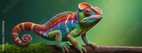 Colorful colored chameleon on brunch, lizard close up with big eye, on a solid color background, Banner with Space for Copy, flowers, panorama background 