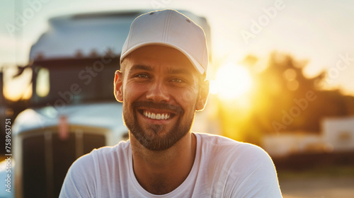 Happy truck driver. Freight transportation. Close up portrait