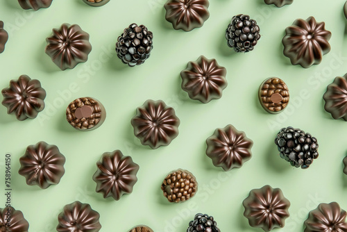 Delicious chocolate covered blackberries arrangement on green background, top view, flat lay concept