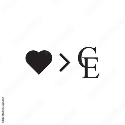 Love is more than money ECU symbol. Euro currency symbol. Heart sign more C E.
