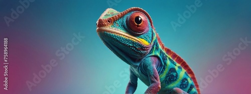 Colorful colored chameleon, lizard close up with big eye, on a solid color background, Banner with Space for Copy, panorama background  © Sanita