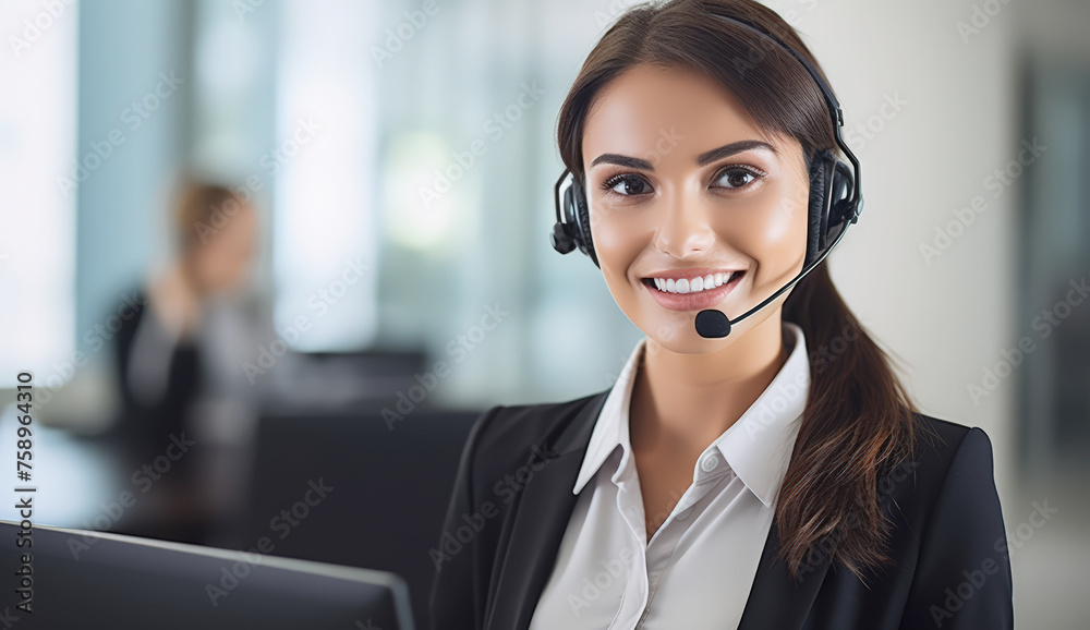 a woman with headphone with help desk service center a woman with headphone with help desk service center