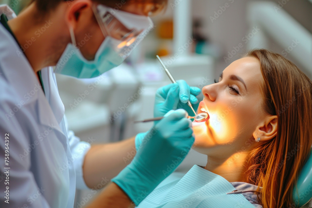 Young woman receiving dental checkup in dentist's office with male dentist Young woman receiving dental checkup in dentist's office with male dentist