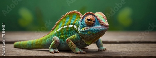 Colorful colored chameleon, lizard close up with big eye, on a solid color background, Banner with Space for Copy, panorama background 