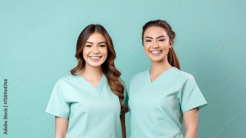 two pretty happy doctor women in blue scrub suit, surgery doctor, Doctor's day, a Labor day two pretty happy doctor women in blue scrub suit, surgery doctor, Doctor's day, a Labor day