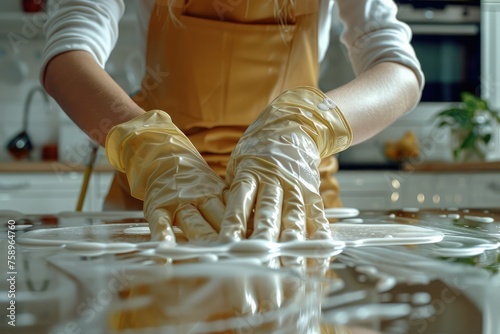 Female cleaner hands in gloves close up, housewife, woman polishing table top with cloths, spray, professional cleaning service working. Generative AI. photo